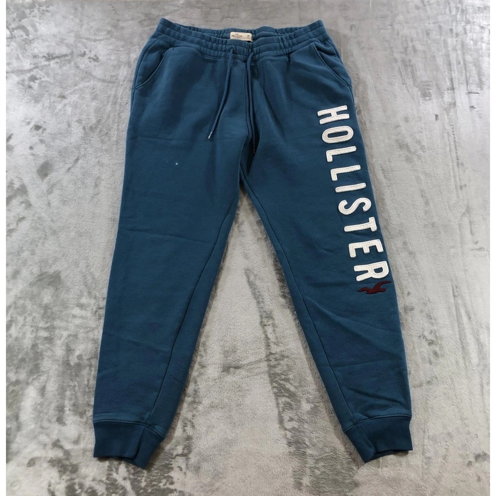 Vtg Hollister Sweatpants Mens M Blue Fleece Joggers HOLLISTER Logo Cuffed Y2K